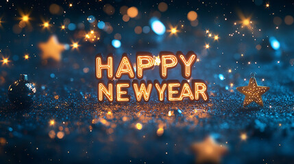'Happy New Year' written in glowing letters on a sparkly blue background with golden stars and bokeh lights.
