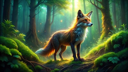 Obraz premium Forced perspective mystical ethereal fox creature in lush forest