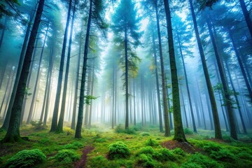 Obraz premium Forced perspective mystical foggy forest scene with tall trees and soft light nature photography