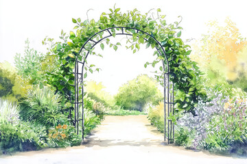Obraz premium A serene garden archway adorned with lush greenery, inviting visitors into a vibrant floral path.