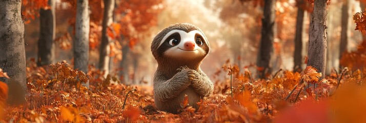 Fototapeta premium 3D animated cartoon sloth in autumn woods