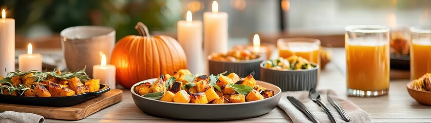 Autumn feast table with pumpkin and candles, cozy ambiance.
