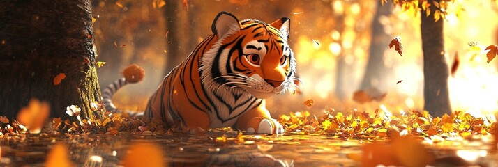 3D animated cartoon tiger in autumn woods