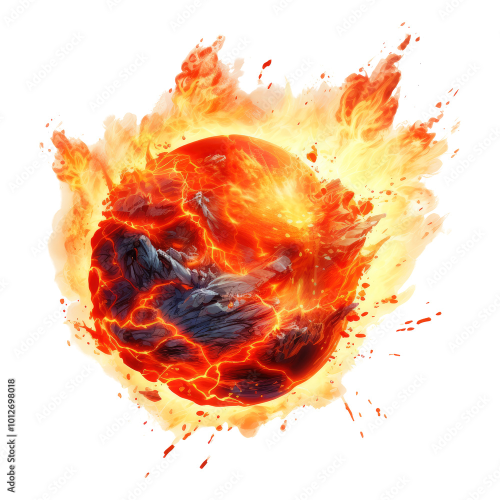 Wall mural a glowing meteor with a tail of red-hot flames, isolated on transparent white background, clipping p