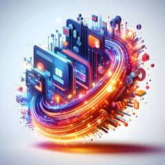 Fototapeta premium 3D Glowing Abstract Art for Payment Innovations: Vibrant Digital Design Representing Financial Technology & Future Transactions on Isolated White Background