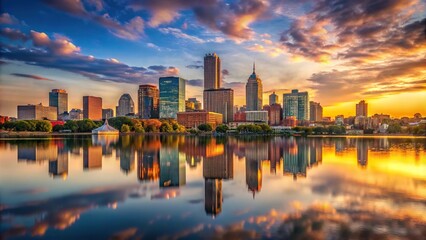 Obraz premium Forced perspective of Boston skyline at sunset with reflection in water