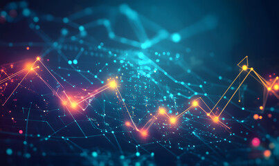 Futuristic financial dashboards and luxury business charts with glowing neon lines, gold accents, and connected nodes for corporate branding.