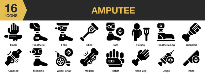 Amputee solid icon set. Includes wheel chair, stick, prosthetic, medicine, and More. Solid icons vector collection.
