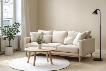 Modern Scandinavian interiors in the living room designed in light beige. Generative AI
