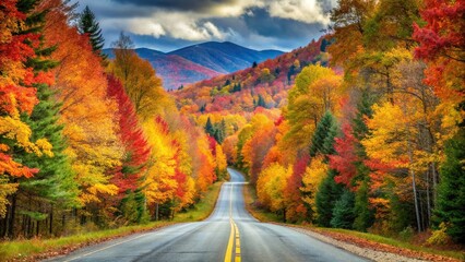 Fototapeta premium Forced perspective of country road in autumn through NH White Mountain National Forest