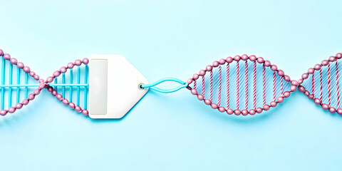 Flat DNA Strand Price Tag Concept: Extreme Close-Up Tracking Shot Reveals Product Info Embedded Within Genetic Code, Transforming into QR Code for Easy Purchase