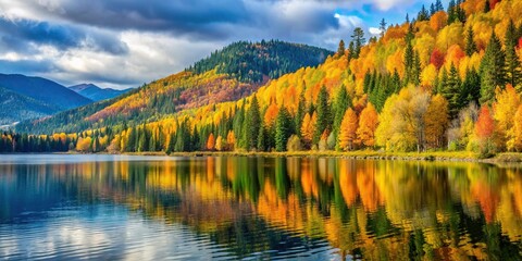 Obraz premium Forced perspective of fall colors reflecting around Moose Lake in Northern Idaho