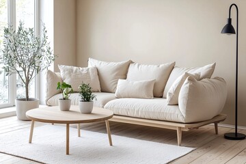 Modern Scandinavian interiors in the living room designed in light beige. Generative AI
