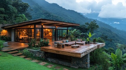 Naklejka premium A peaceful retreat in the mountains of Ecuador, built using local materials and promoting cultural exchange with indigenous communities.