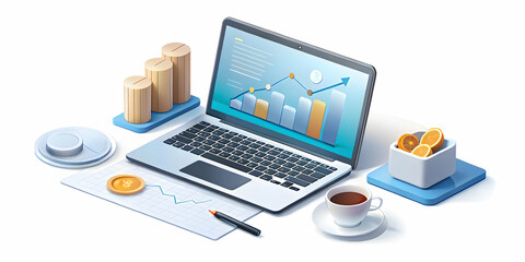 A sophisticated office desk with a laptop displaying financial graphs a cup of coffee and a neat arrangement of currency on a glossy white surface captured with a slow pan to highlight elegance and fi