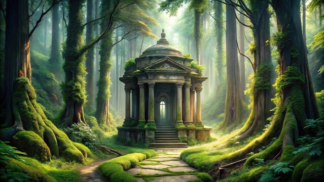 Forced perspective of mystical temple in forest sanctuary seekers seeking wisdom