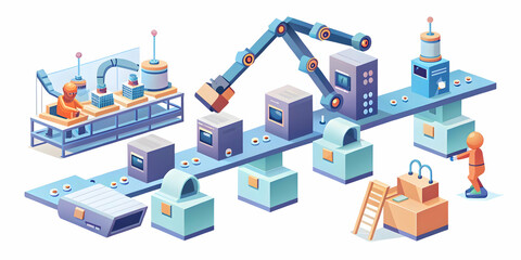 Flat Nanobot assembly line deals concept as Tracking shot following nanobots assembling a product at a microscopic level. Each nanobot carries a tiny price tag or discount label. As the product takes 