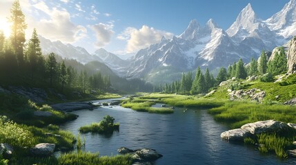 Fototapeta premium A breathtaking view of a beautiful mountain valley, featuring lush meadows, towering peaks, and a serene river