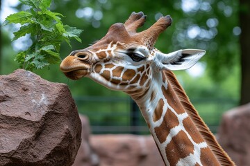 Obraz premium A giraffe stretching its neck toward the trees to reach higher branches, with the conservation areaâ€™s natural beauty showcased around it, symbolizing the protection of natural behaviors at the