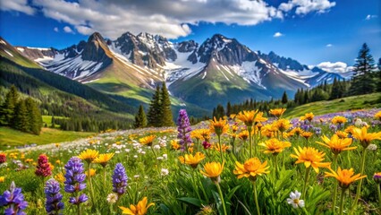 Forced perspective of spring wild flowers in the Rocky Mountains