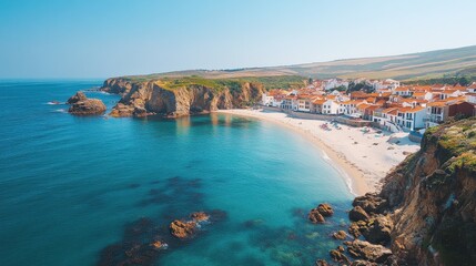 Fototapeta premium A secluded coastal town in Portugal, where small-scale fishing and eco-friendly tourism protect marine life and local culture.