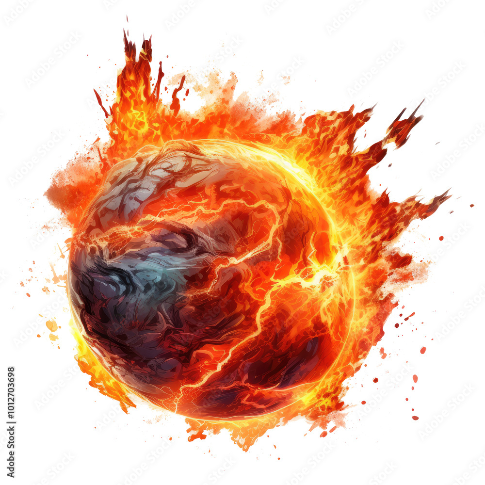 Wall mural a glowing meteor with a tail of red-hot flames, isolated on transparent white background, clipping p