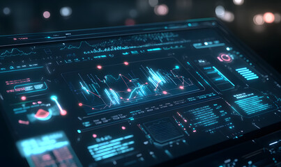 Fototapeta premium Futuristic financial dashboards and luxury business charts with glowing neon lines, gold accents, and connected nodes for corporate branding.