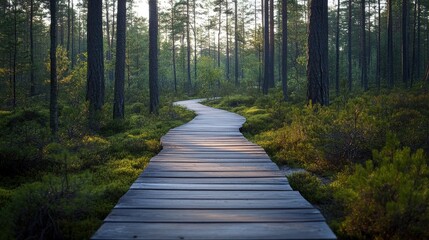 Obraz premium A serene hike through a protected forest reserve in Finland, with wooden boardwalks guiding travelers through untouched nature.