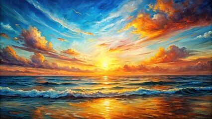 Obraz premium Forced perspective oil painting of a sunset over the sea with brush strokes and texture