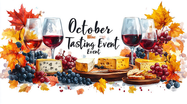 Watercolor illustration of a wine tasting event with cheese, grapes, and autumn leaves.