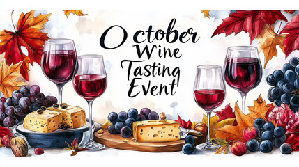 Watercolor illustration of wine tasting event with wine glasses, cheese, grapes, and autumn leaves.