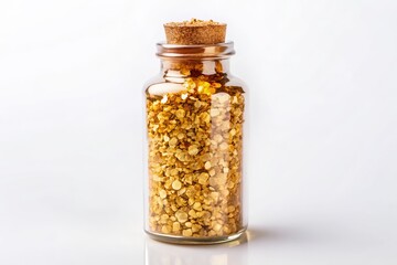 Lavish bottle filled with shimmering gold flakes, set on a pristine white background, perfect for decorative crafting