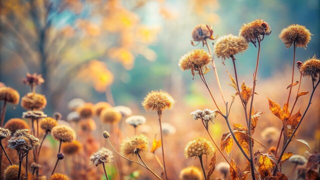Forced perspective of withering autumn flowers and plants in pastel colors