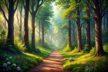 Obraz premium Forced perspective painting of forest path with trees and plants
