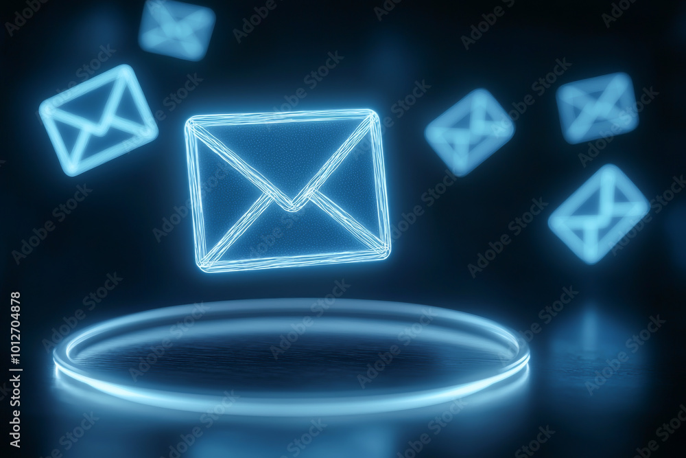 Poster a futuristic glowing representation of email communication, highlighting messages in a digital space