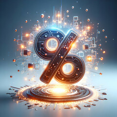 Fototapeta premium 3D Glowing abstract price cut icon with digital glow concept as A glowing price cut icon surrounded by floating digital particles symbolizing Cyber Monday discounts. The design blends modern tech elem