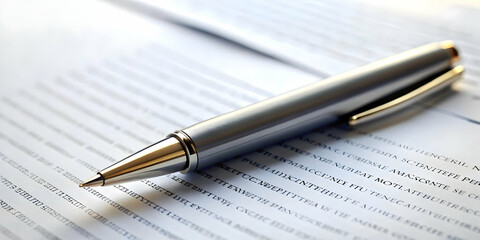 Fototapeta premium Levitating Contract Paper and Pen Symbolizing Business Agreements - Crisp Image of Documents Reflecting Formal Commitments and Business Deals against White Background, Emphasizing Importance with Bala