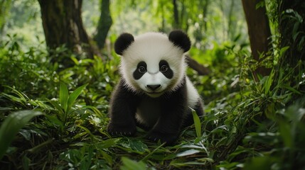Fototapeta premium Adorable Panda Cub in Lush Forest