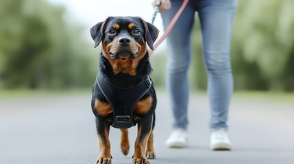 Pet owner securely guiding a small dog with a harness and leash, ensuring safety during an outdoor stroll, showcasing responsible pet care.