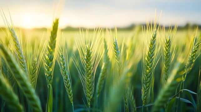 close up of green wheat field. plantations waiting for harvest, depth of field is low.