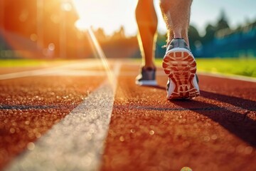 Male runner starting sprint on athletic track in bright sunlight