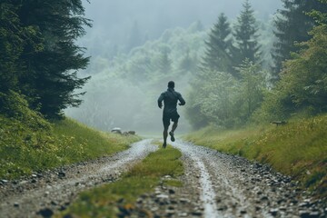 Obraz premium Male runner on gravel road bordered by green grass and trees