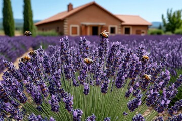 Fototapeta premium Field of lavender in full bloom, with bees buzzing around, and a farmhouse in the distance, representing both beauty and productivity in rural farming