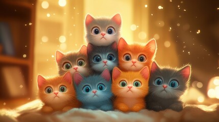 Fototapeta premium Cute kittens illustrated in a cartoon style, stacked in a pyramid shape, their eyes full of wonder as they gaze upward, set in a cozy, warm environment.
