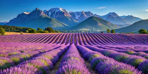 Naklejka premium Forced perspective photo showcasing French elegance with captivating scenes of lavender fields and alpine peaks