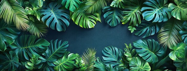 Fototapeta premium Tropical Leaves of Monstera, Palm, and Acacia Plants Against a Black Background – Ideal for Wallpaper or Wall Art Decoration