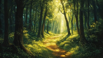 Sunlit Path Through the Forest