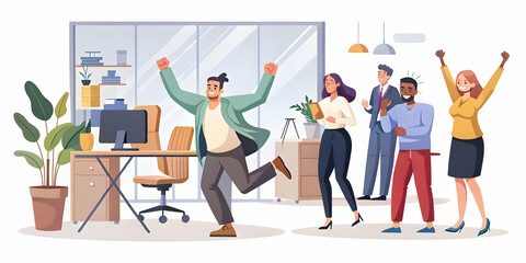 Flat Vector Illustration of Impromptu Office Celebration: Tracking Shot Captures Exciting News & Genuine Employee Reactions in a Smart Business Environment