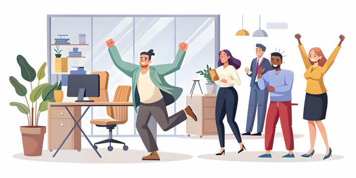 Flat Vector Illustration of Impromptu Office Celebration: Tracking Shot Captures Exciting News & Genuine Employee Reactions in a Smart Business Environment