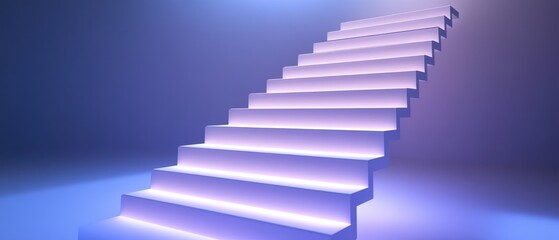 Obraz premium A visually appealing staircase illuminated with soft purple lighting, leading upward into a serene, gradient background.